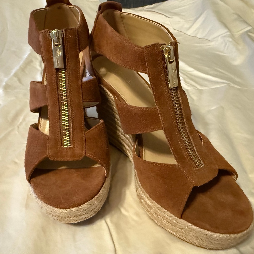 Michael Kors Brown Suede Damita Espadrille Wedge Sandals